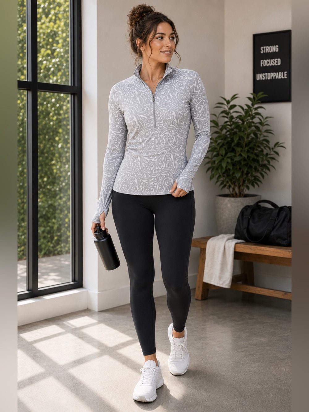 Athleta Light Gray Swirl Print 1/2 Zip Long Sleeve w/Thumbhole Pullover Size XL